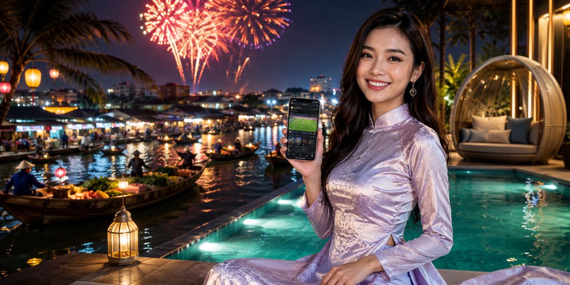 Người dùng Cần Thơ mặc áo dài sử dụng app casino pq88 để kiểm tra giải thưởng